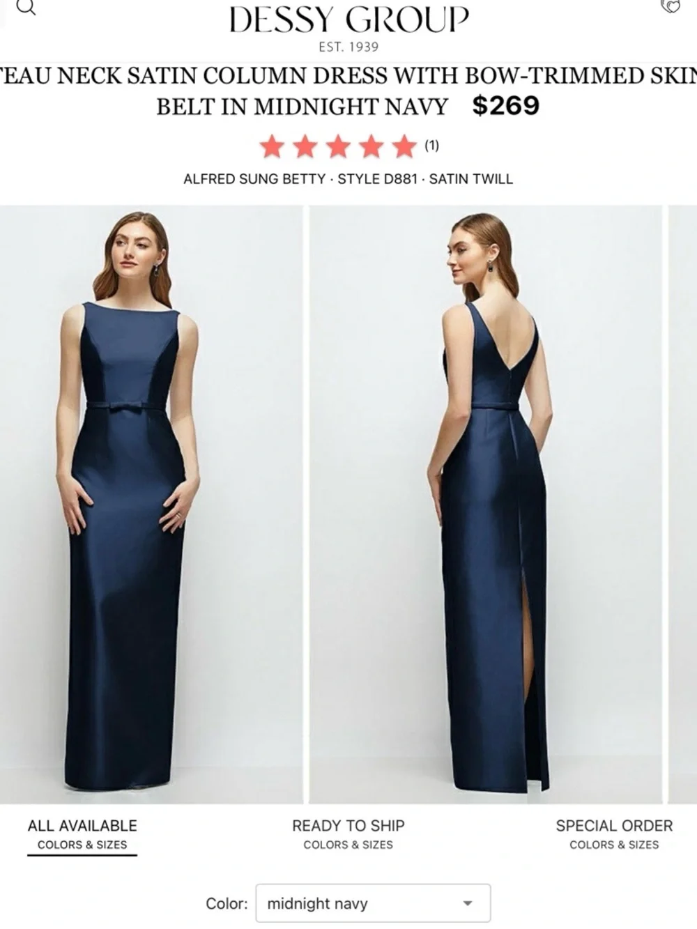 ALFRED SUNG Midnight Navy Satin Bateau Neck Column Gown - Picture 1 of 5